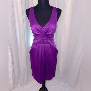 Bisou Bisou Purple Pleated Satin Dress with Criss Cross Back Straps & Pockets